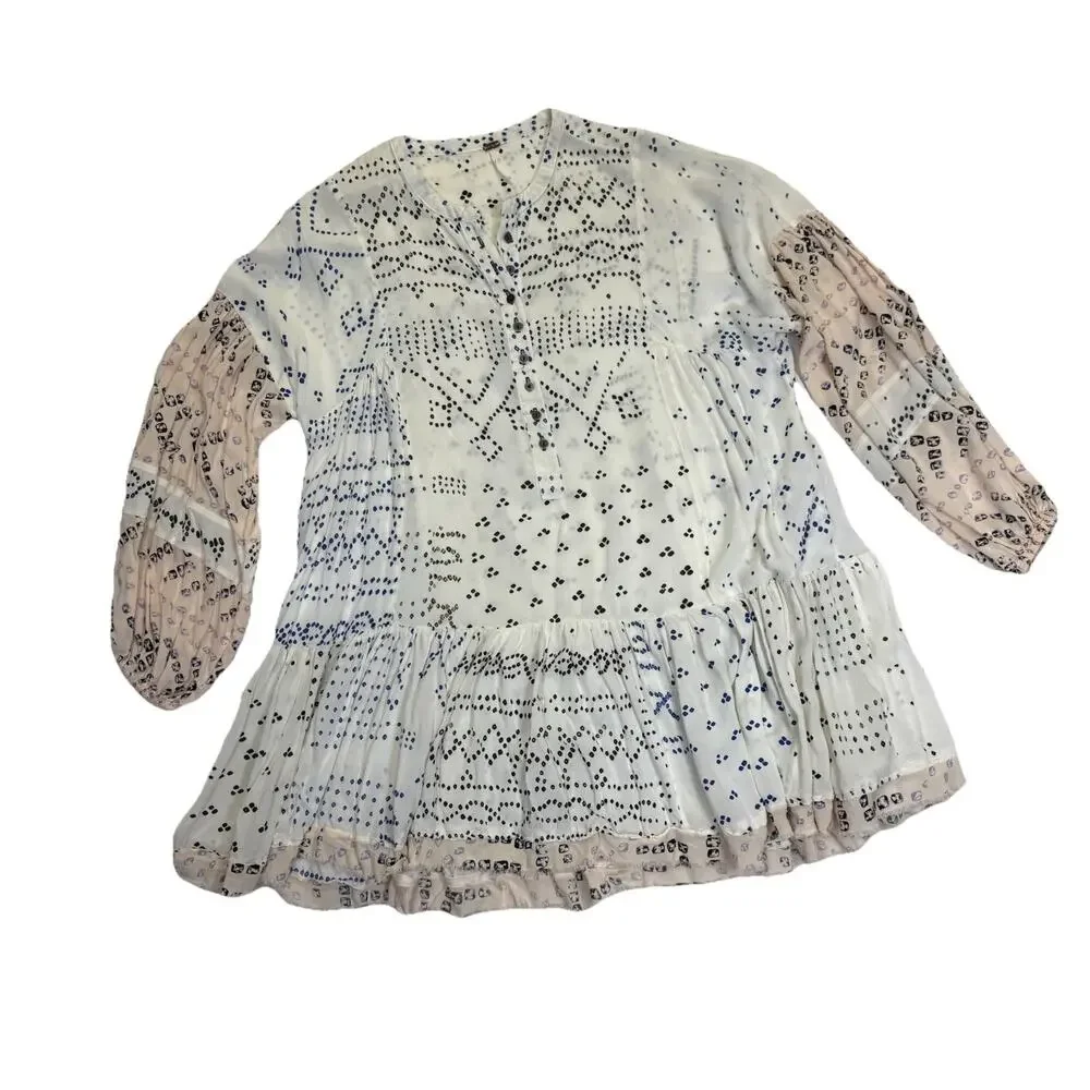 Free People Shibori Tunic Dress Women’s Sz S Long Sleeve Button Front Raw Hem - Picture 3 of 12